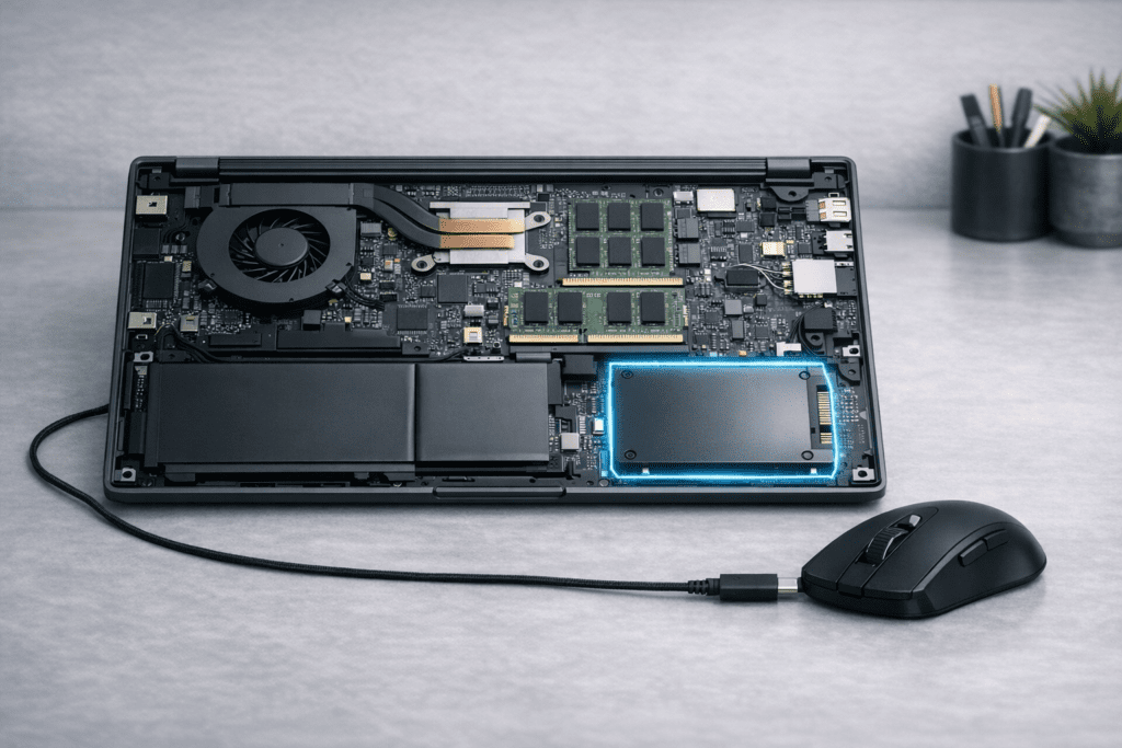 Componentes internos de una laptop mostrando el almacenamiento como parte clave del sistema