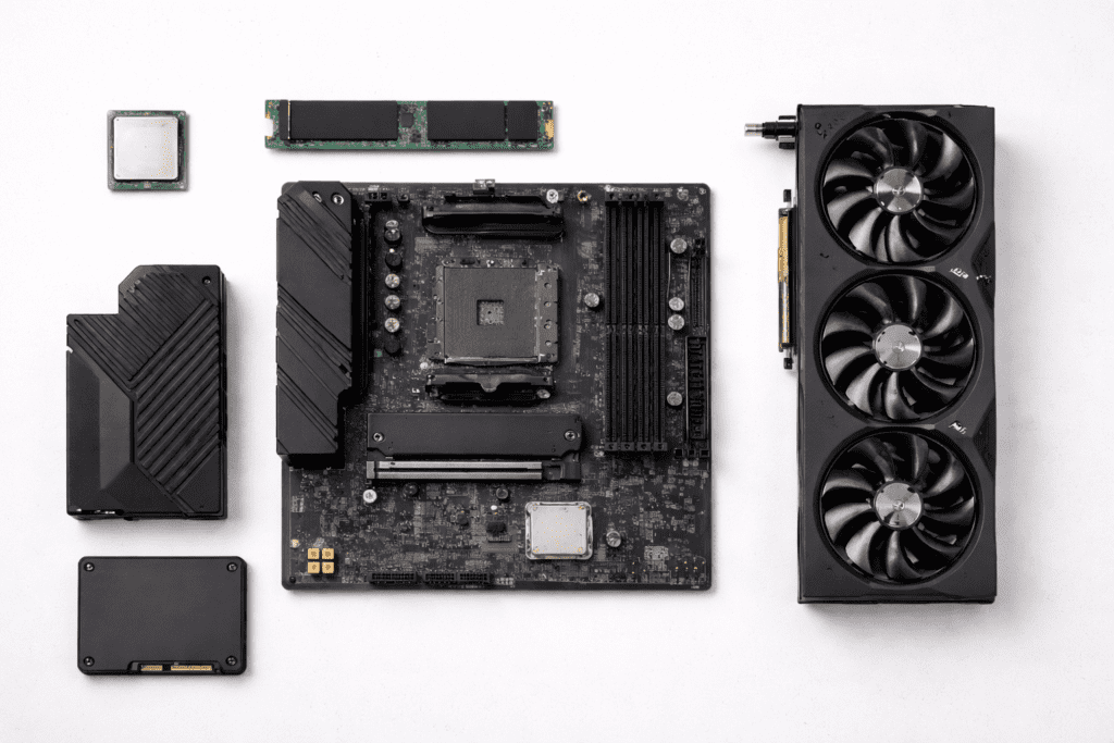 Componentes principales de una computadora como CPU, RAM, placa base, GPU y SSD