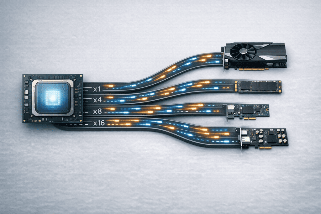 Representación conceptual de PCI Express como autopista de datos en una PC