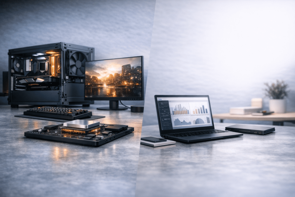 Comparación de consumo energético y usos entre computadora de escritorio y laptop