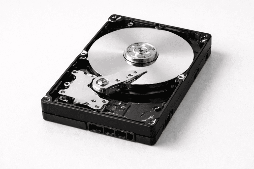Disco duro HDD abierto mostrando platos y cabezal de lectura como tecnología mecánica