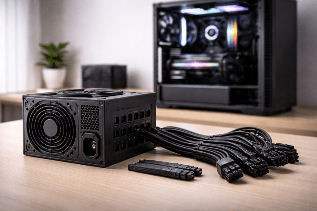 Imagen editorial realista en formato horizontal de una fuente de poder (PSU) sobre una mesa clara, con cables de alimentación visibles y un gabinete abierto al fondo desenfocado. La escena debe transmitir importancia del suministro eléctrico. Iluminación neutra, estilo educativo, sin personas, sin marcas, sin texto.