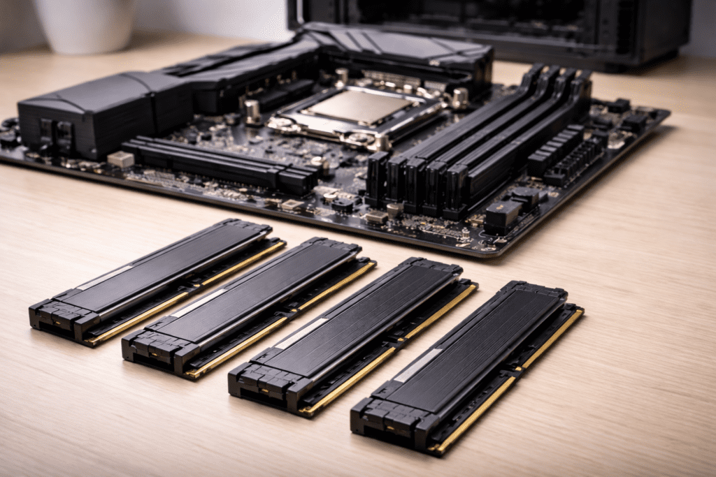 Memoria RAM y placa base ilustrando la correcta instalación de módulos