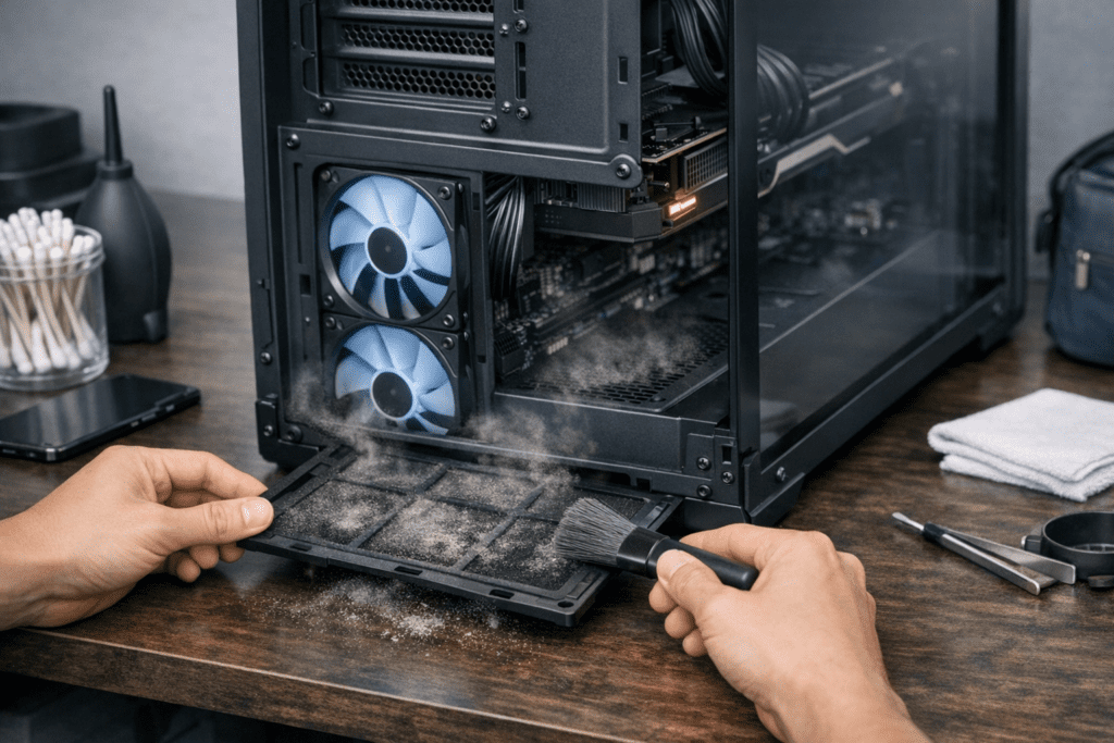 Filtros de polvo en un gabinete de PC para mejorar el flujo de aire
