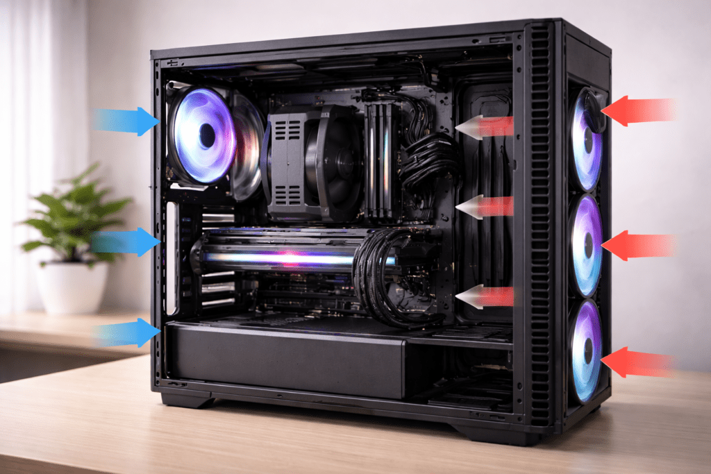 Flujo de aire correcto en gabinete de PC con ventiladores organizados