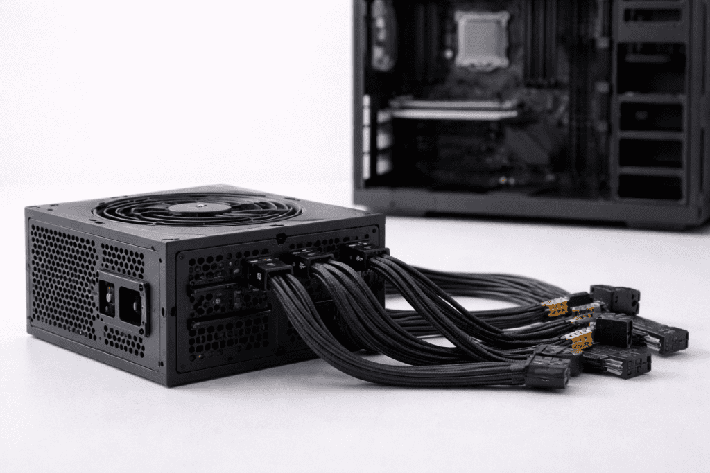 Fuente de poder con cables organizados para representar estabilidad y futuras actualizaciones de PC