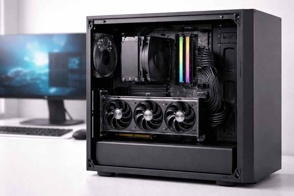 Componentes de hardware trabajando en conjunto dentro de una PC de escritorio