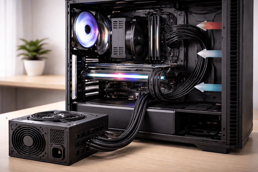 Fuente de poder suministrando energía a los componentes internos de una PC