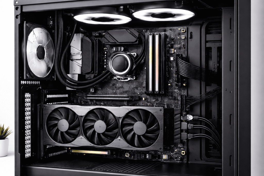 Placa base conectando procesador, memoria RAM y otros componentes de PC