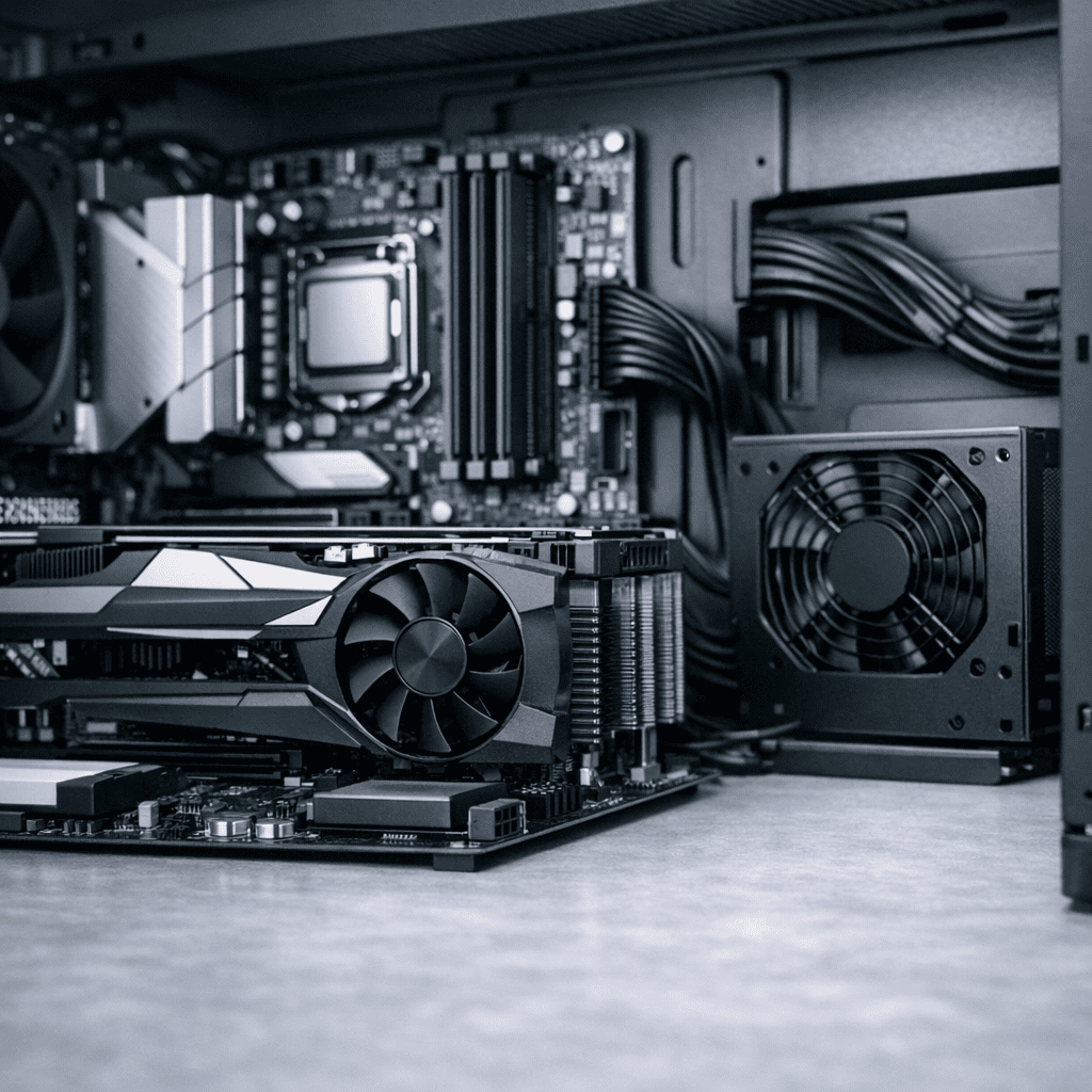 Tarjeta gráfica, placa base y fuente de poder dentro de una PC