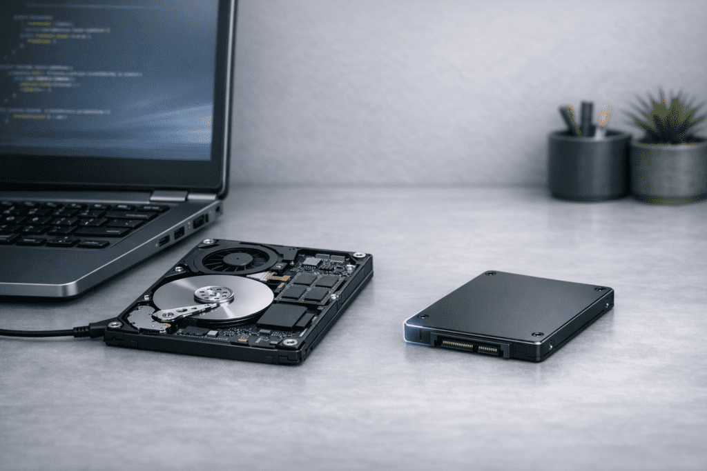 Comparación entre disco duro HDD y SSD en una laptop