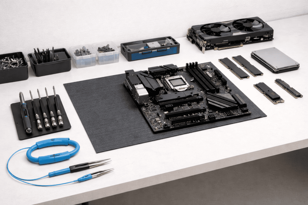 Herramientas y espacio de trabajo preparados para ensamblar una PC