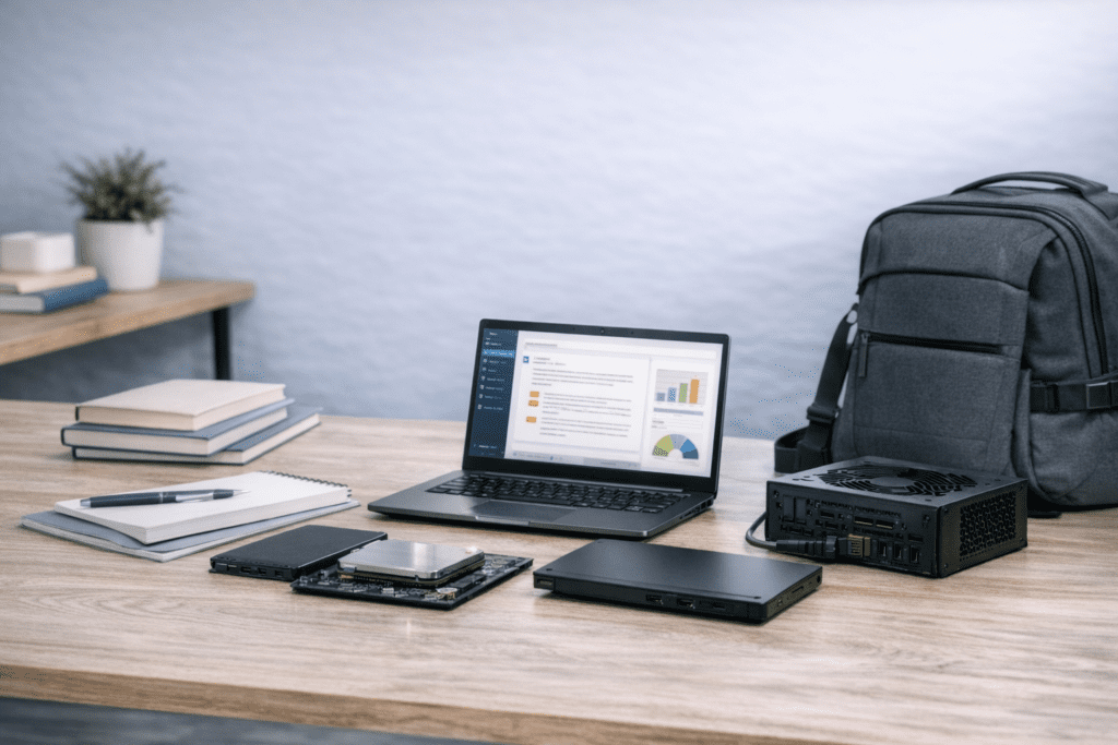 Laptop ligera para estudio con cuadernos y mochila en un entorno portátil
