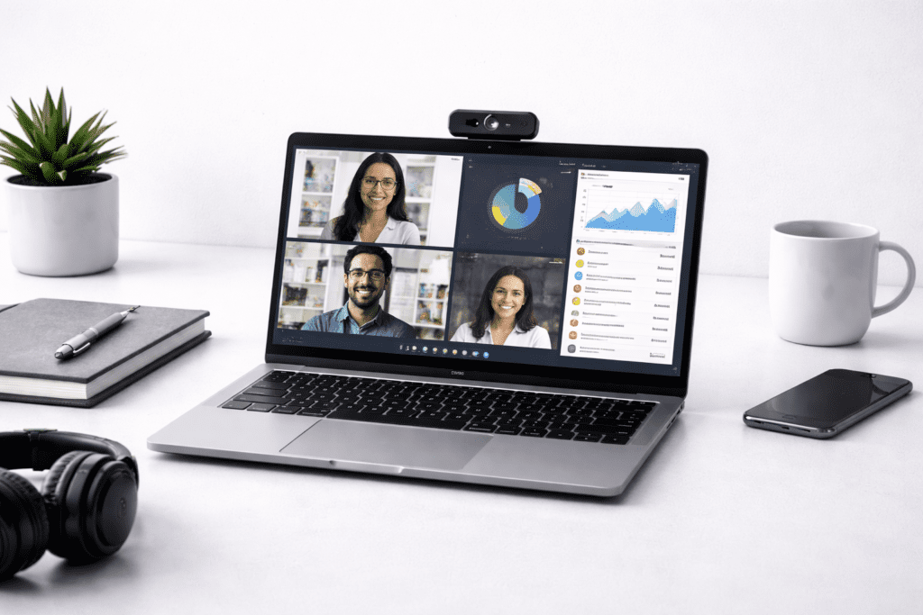 Laptop en entorno de trabajo con enfoque en productividad y videollamadas