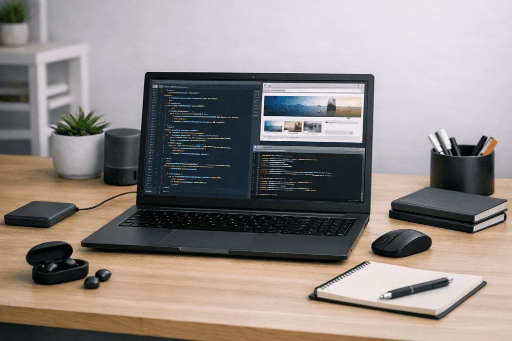 Laptop para programación con multitarea de editor de código, navegador y terminal abiertos