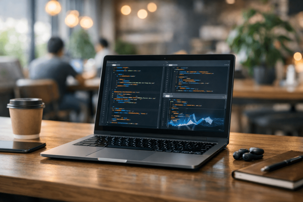 Laptop para programar utilizada en un entorno de trabajo remoto y portátil