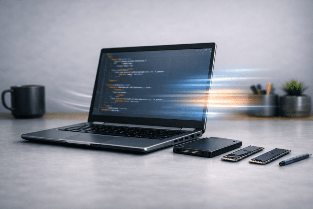 Laptop moderna con SSD ofreciendo una experiencia rápida y fluida