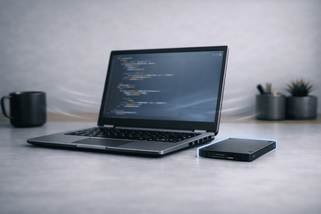 Laptop con SSD funcionando de forma silenciosa y eficiente