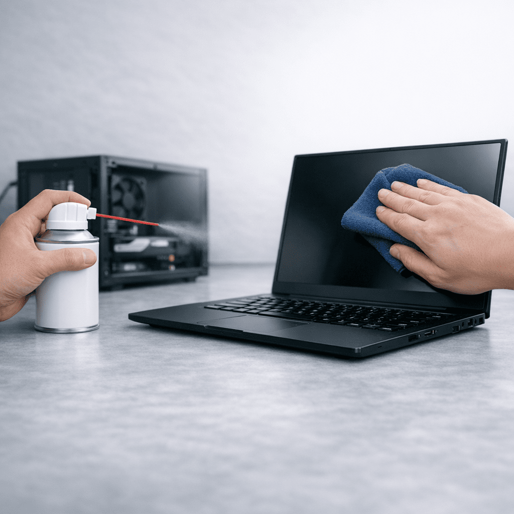 Limpieza externa de laptop con paño de microfibra y aire comprimido en ventilación