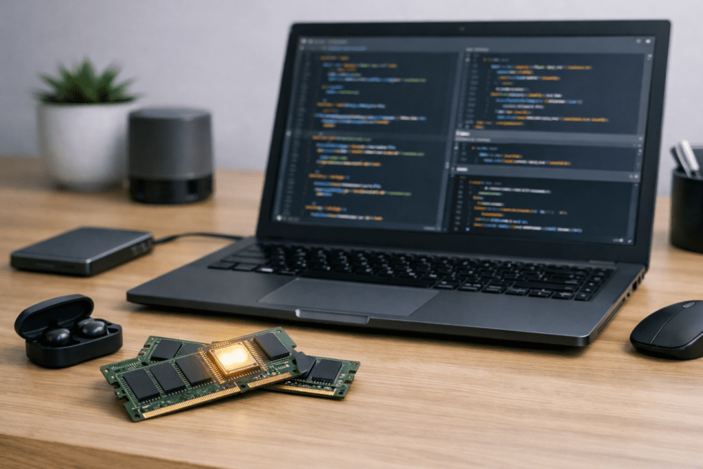 Memoria RAM junto a una laptop utilizada para programación y multitarea