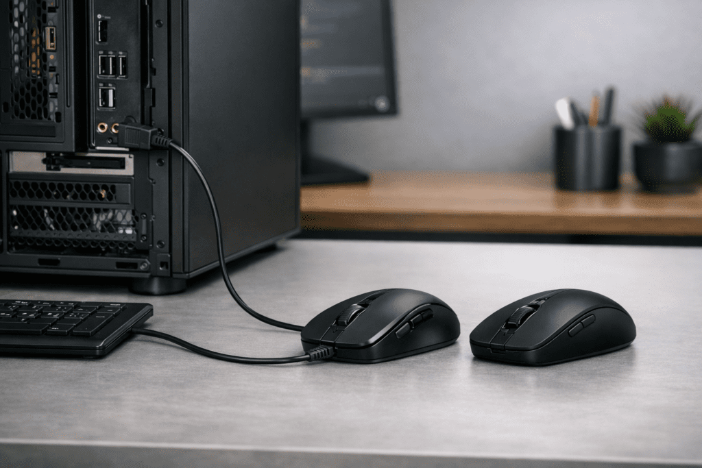 Mouse con cable conectado a una computadora para uso diario