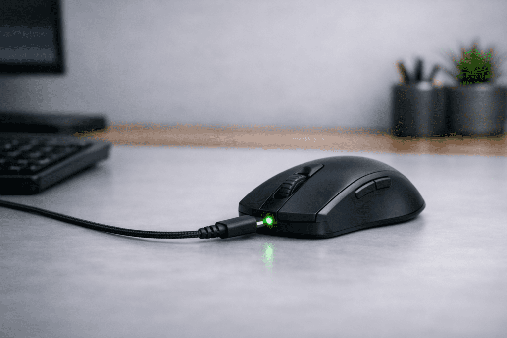 Mouse inalámbrico cargándose a través de cable USB