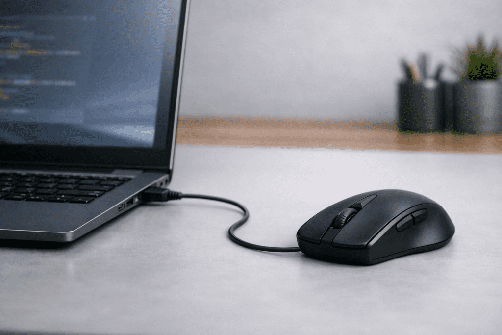Mouse inalámbrico utilizado en un escritorio limpio y ordenado