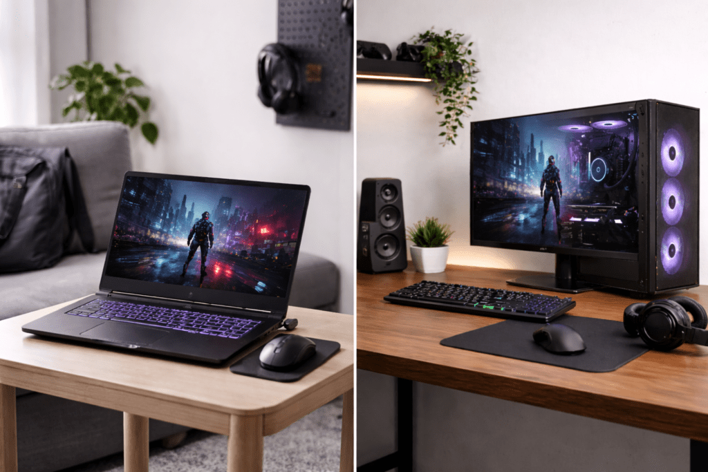 Escenarios de uso portátil con laptop gamer frente a PC de escritorio fija