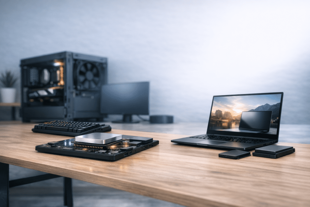 Laptop portátil en un entorno flexible frente a un PC de escritorio fijo desenfocado