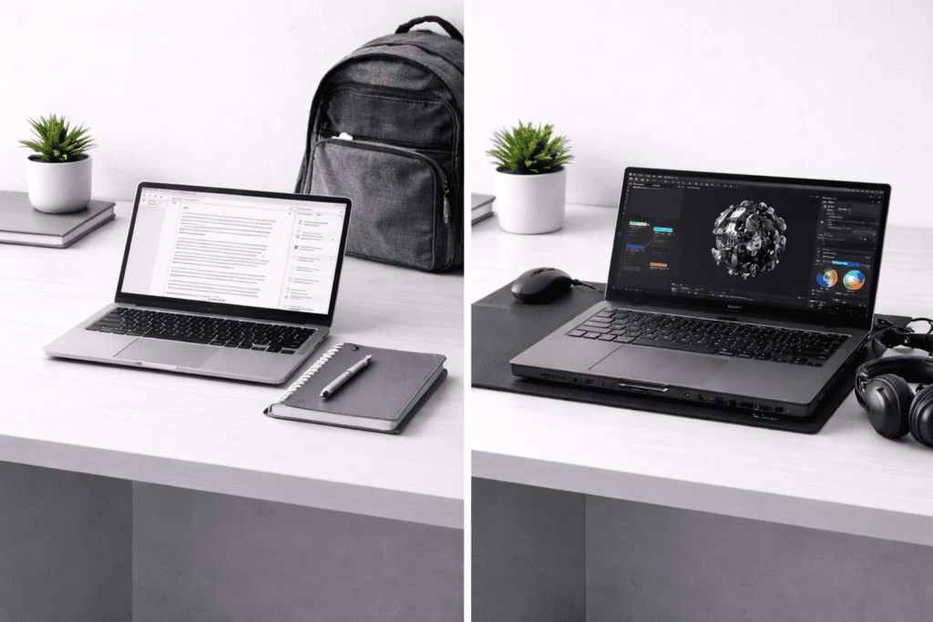 Comparación visual entre laptop ligera y laptop más potente para decidir según el uso de estudio