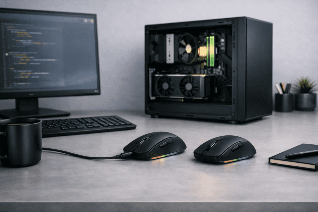 Escritorio con un setup equilibrado usando mouse para trabajo diario