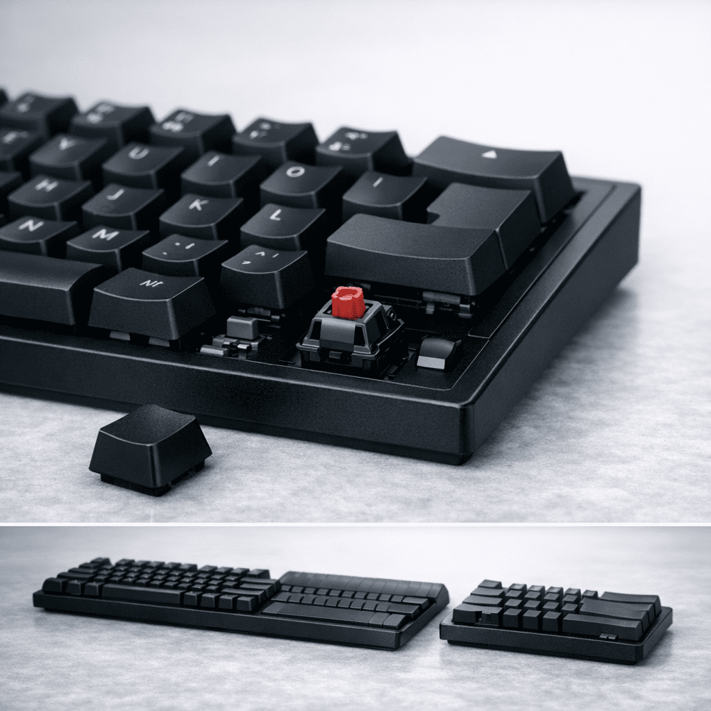 Teclado mecánico mostrando un interruptor individual debajo de una tecla