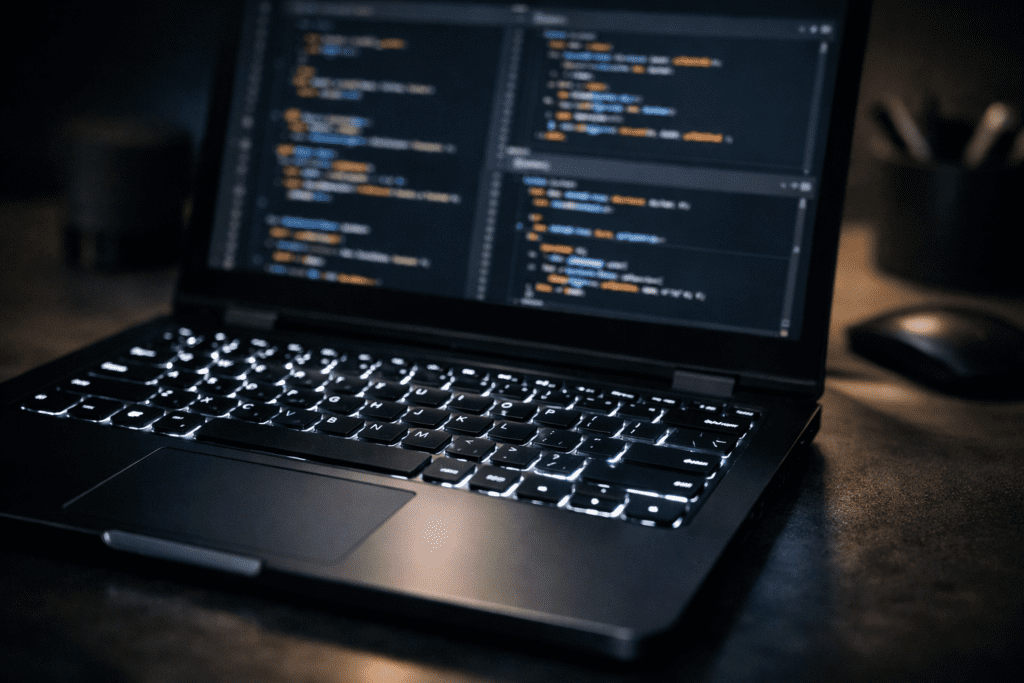 Teclado y pantalla de laptop diseñados para largas jornadas de programación