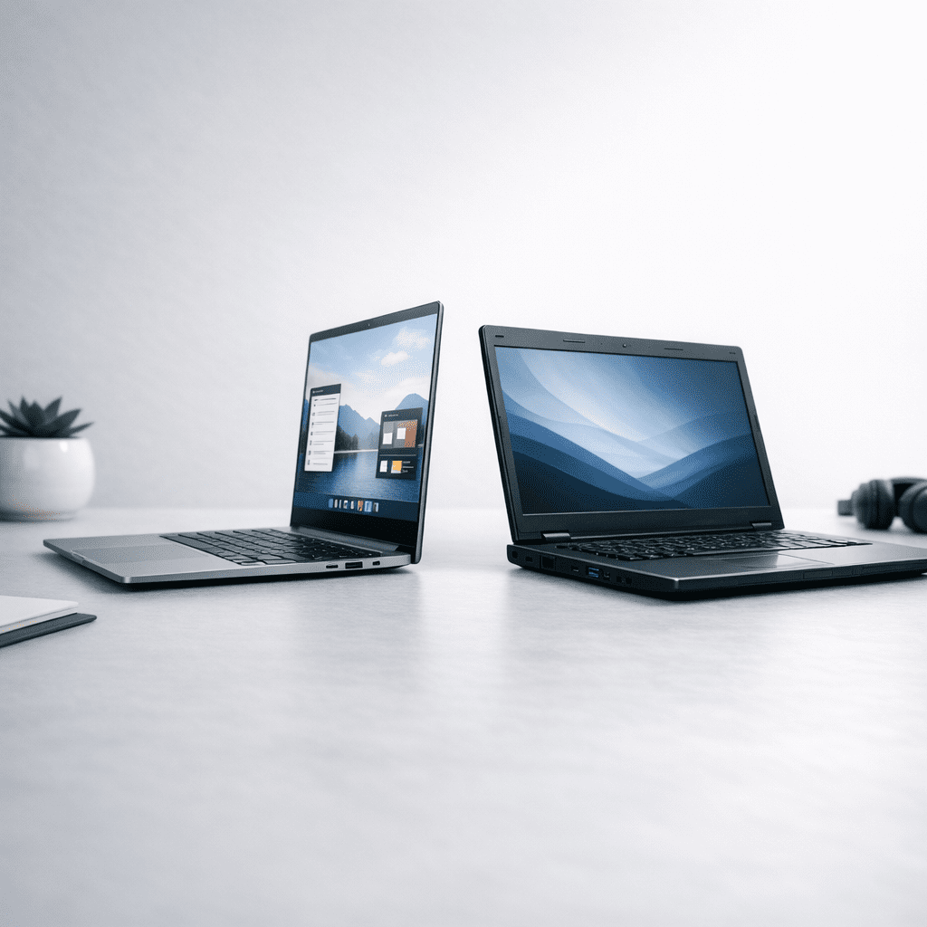 Comparación visual entre ultrabook y laptop tradicional en tamaño y portabilidad