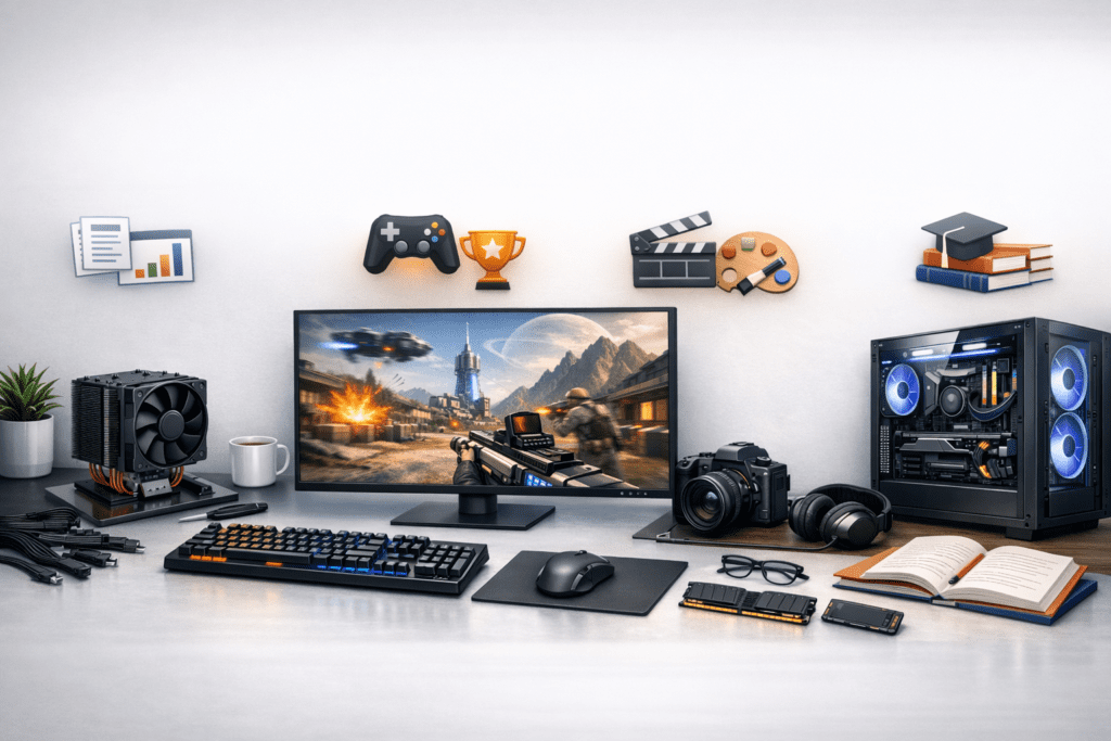 Diferentes usos de una computadora como oficina, gaming y edición