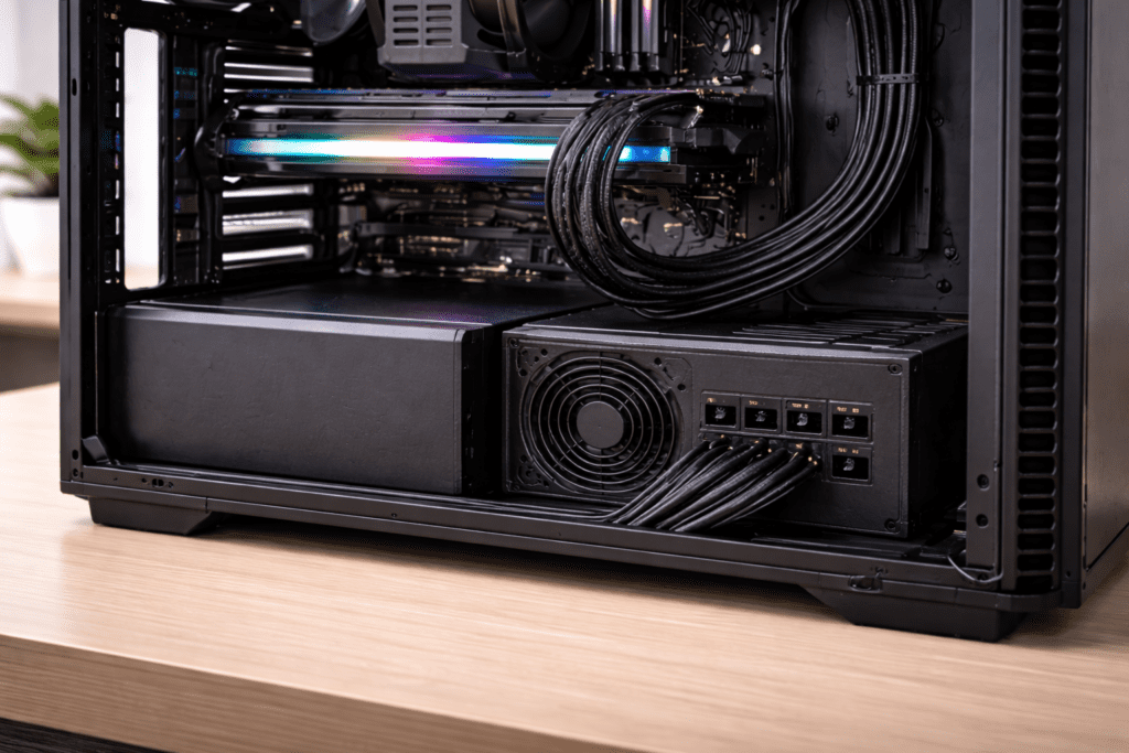 uente de poder instalada correctamente mostrando estabilidad y orden en una PC