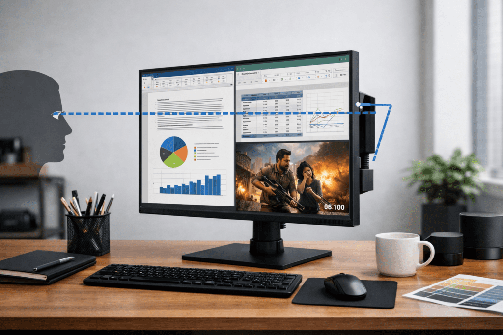 Monitor colocado de forma ergonómica para reducir fatiga visual