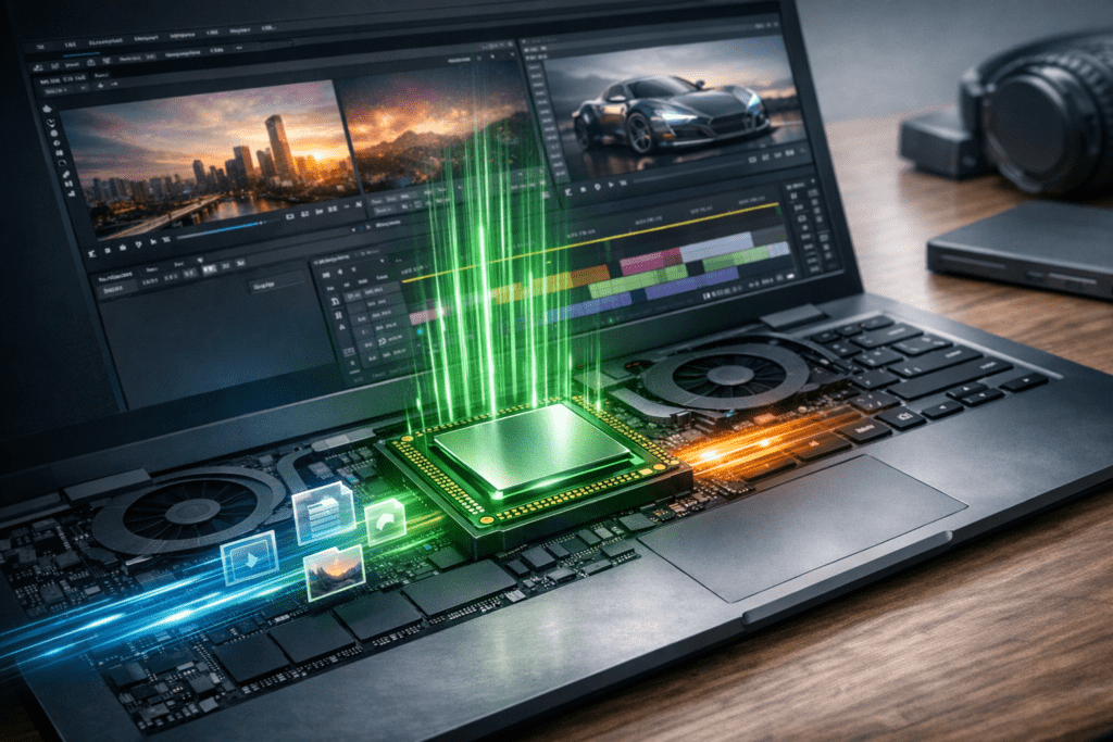 Tarjeta gráfica dedicada en una laptop para edición de video