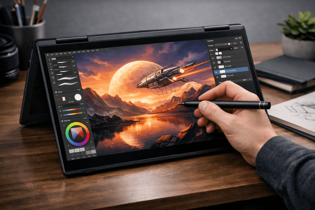 Laptop con lápiz digital utilizada para ilustración