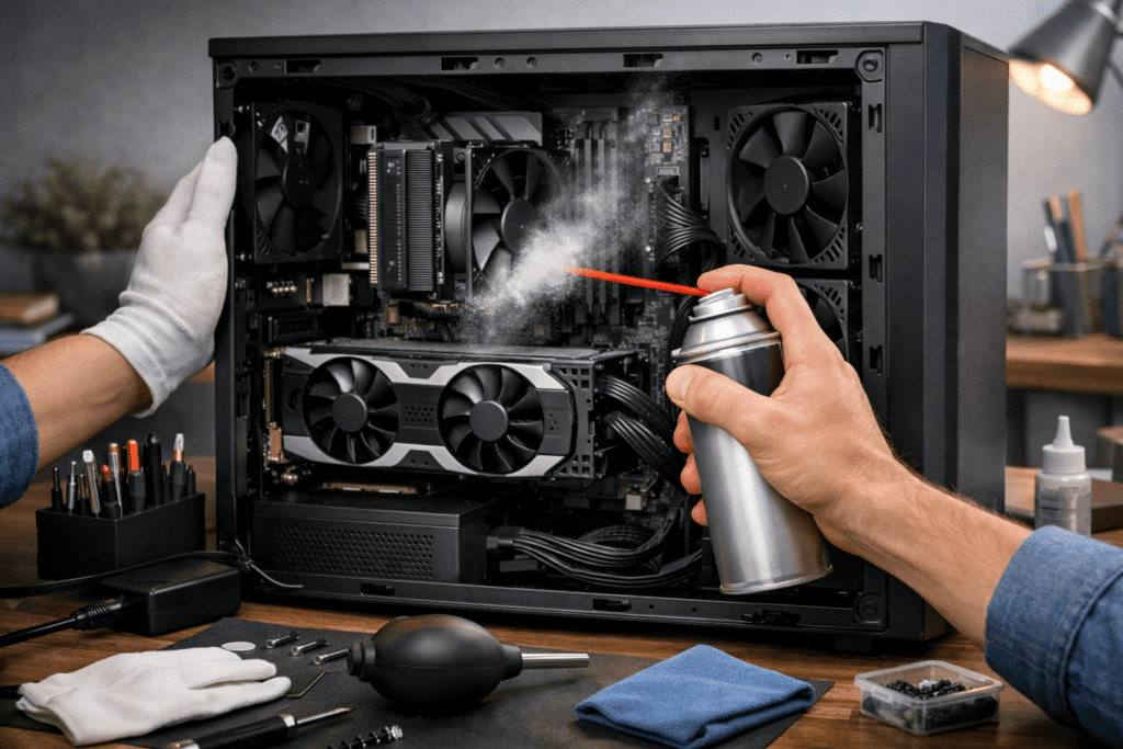 Limpieza interna de una computadora de escritorio para evitar sobrecalentamiento