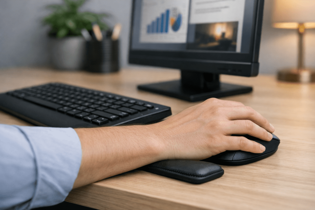 Mouse ubicado cerca del teclado para reducir tensión en muñeca y hombro