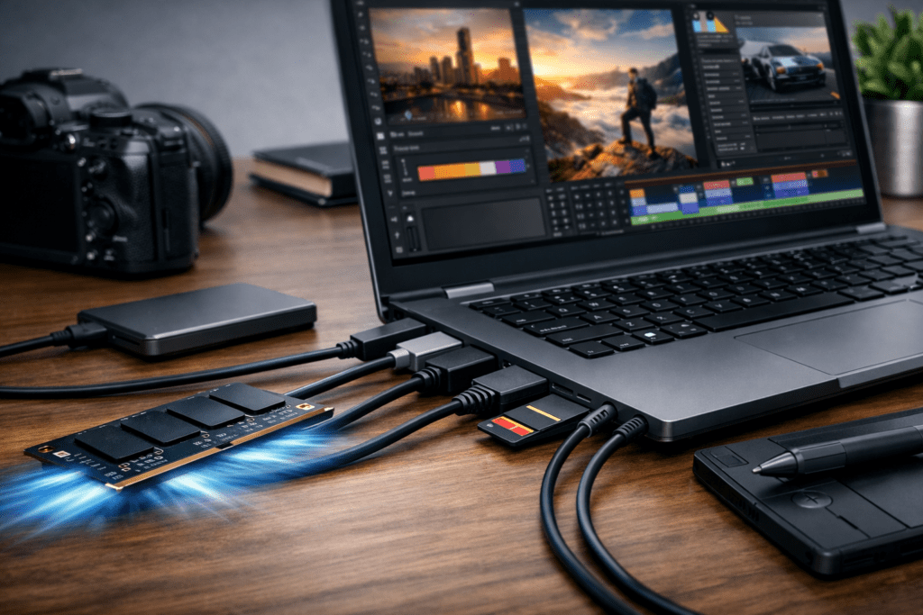 Puertos y conectividad en una laptop para trabajo creativo