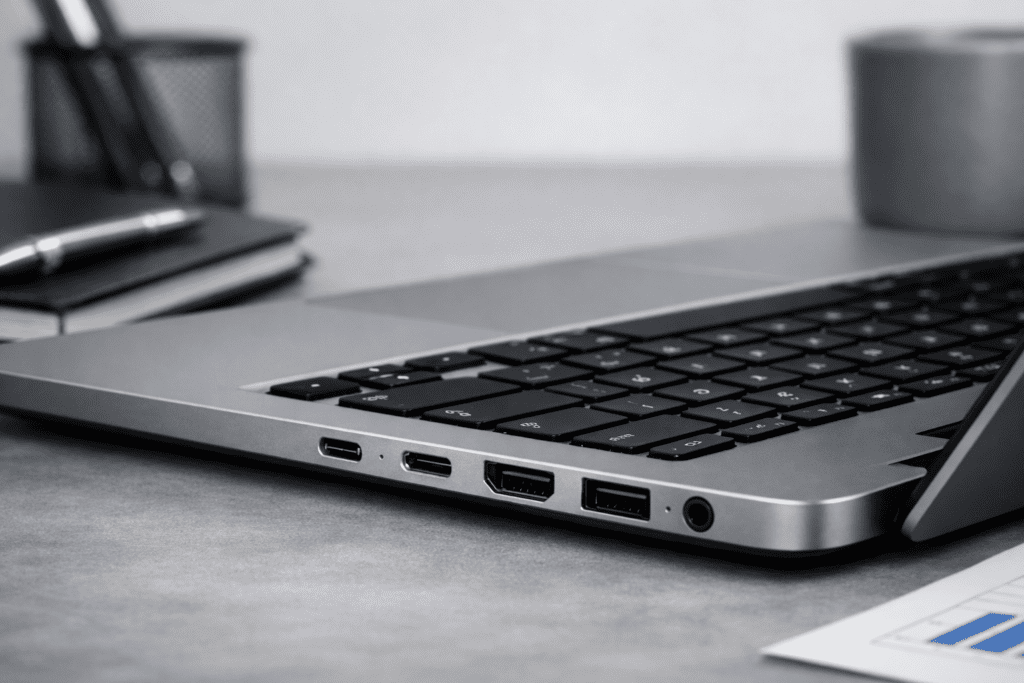 Puertos y conectividad en una laptop para trabajo