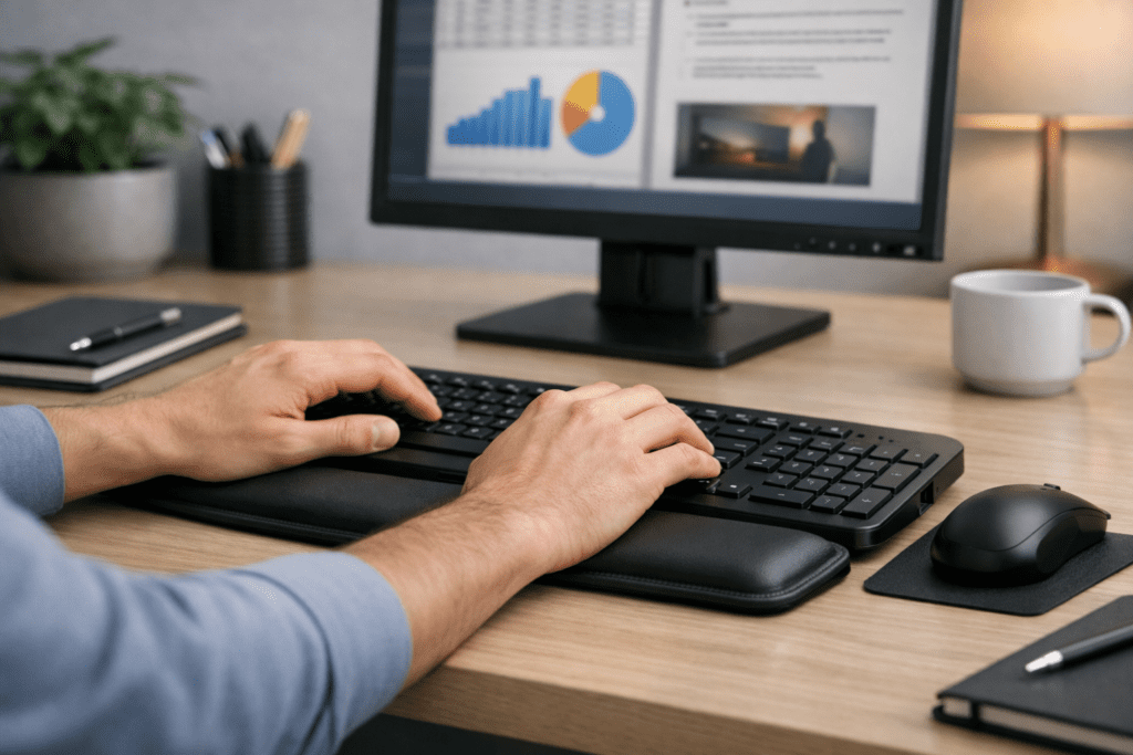 Teclado colocado correctamente para mantener muñecas en postura neutra