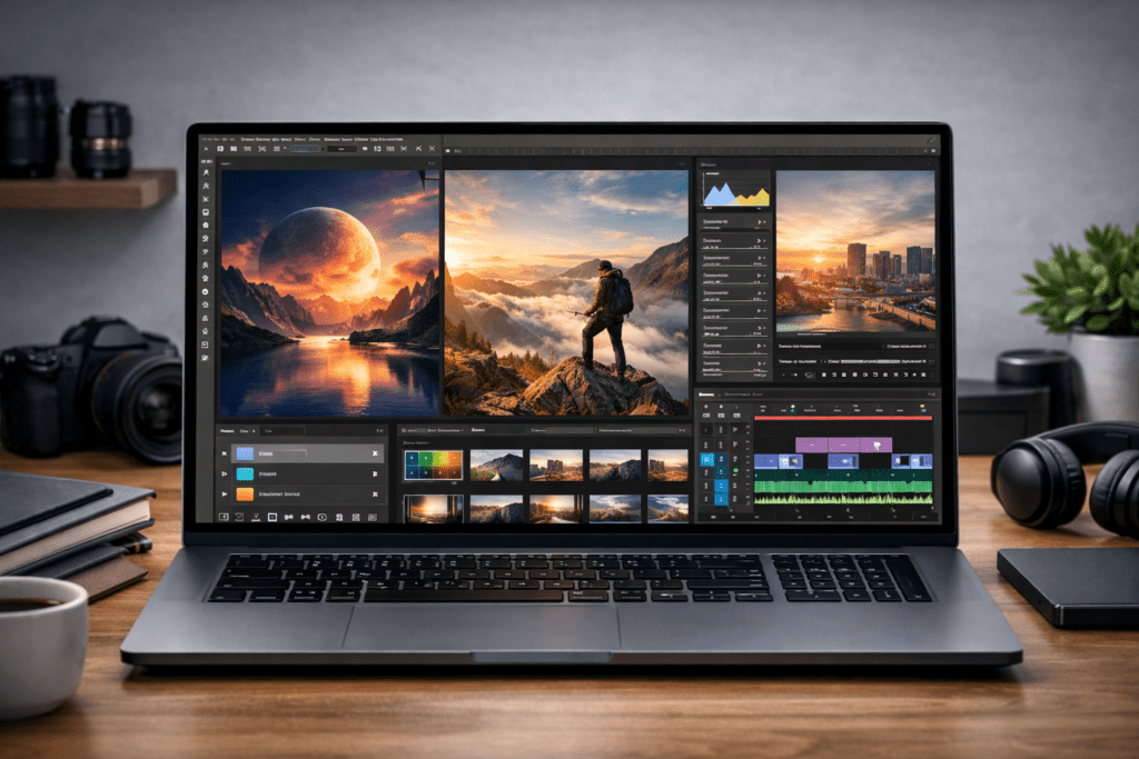 Diferentes tipos de trabajo creativo realizados en una laptop