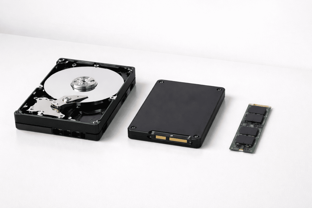 Comparación visual de HDD, SSD y SSD NVMe como almacenamiento en una PC