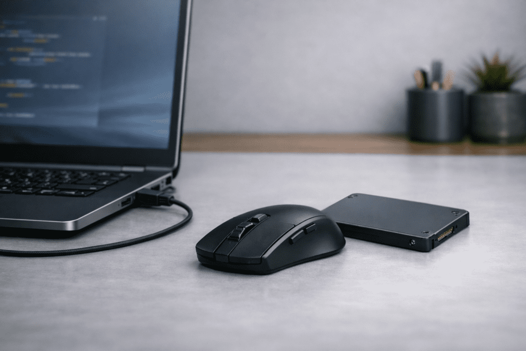 Laptop moderna junto a un SSD mostrando la importancia del almacenamiento rápido