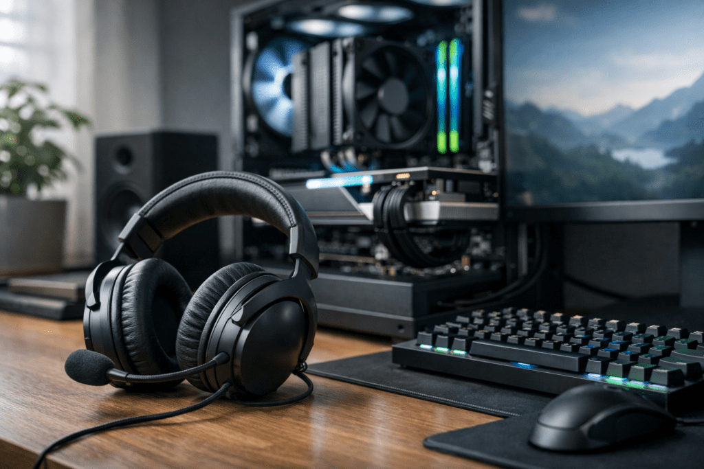 Audífonos para computadora como periférico de audio en un escritorio