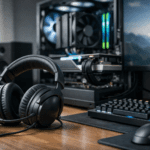 Audífonos para computadora como periférico de audio en un escritorio