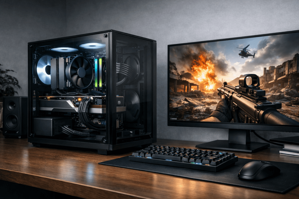 PC gamer con componentes visibles que influyen en el rendimiento de los videojuegos